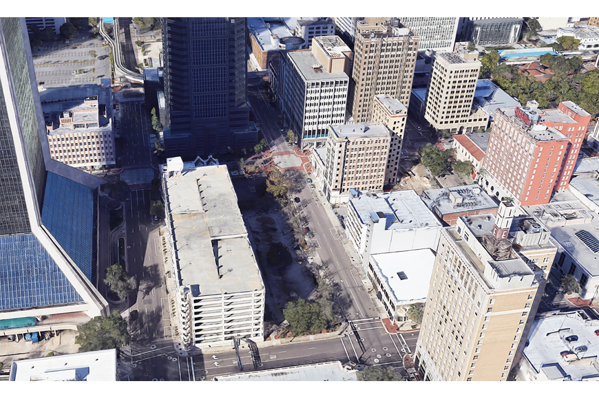Aerial View of Lot Where the Parking Garage is Planned at the Southwest Corner of Main and Forsyth Streets