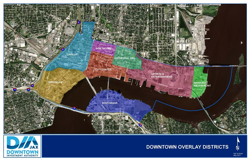 Map of Downtown identifying the 8 districts and each districts' boundaries.