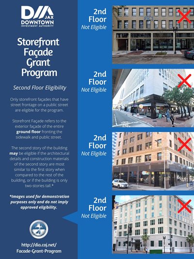 Graphic explaining what types of facades would not be eligible for second story repairs under the facade grant program