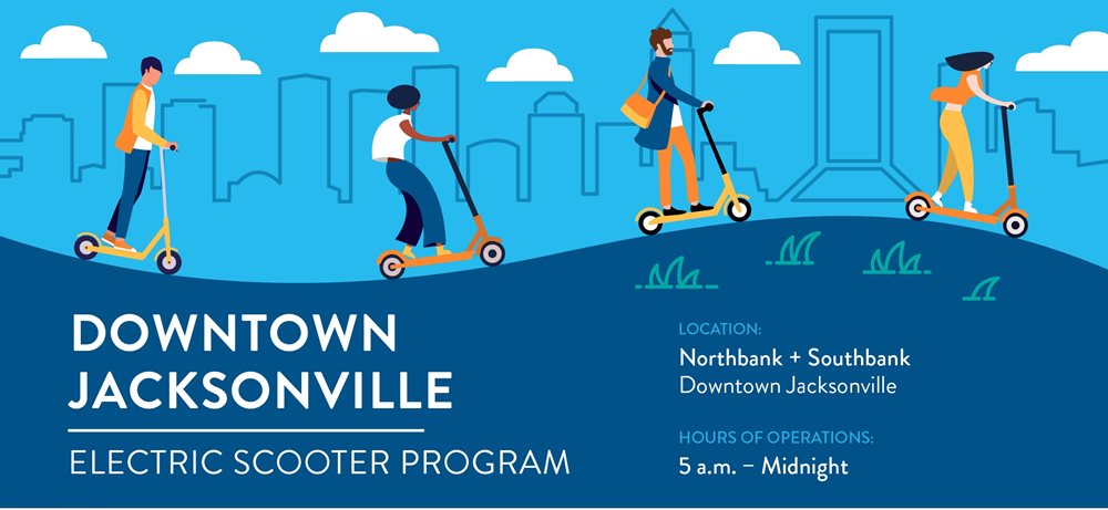 DIA e-scooter program graphic shows graphic depiction of people riding e-scooters and includes program details such as hours of operation