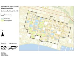 A map of the Downtown Jacksonville Historic District. The map identifies the district boundary, contributing structures, and non-contributing structures.
